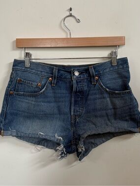Levis Distressed Dark Blue Denim Cutoff Shorts